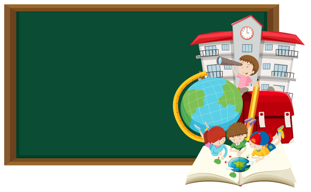 Blackboard and children learning at school